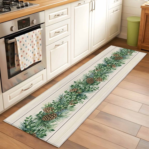 Vintages Holly Leaf 2x6 Runner Rug for Hallway Walkway Kitchen Galley, Green Pinesticks Pine Fruit Retro Wood Grain Low Pile Washable Non Slip Long Area Rug