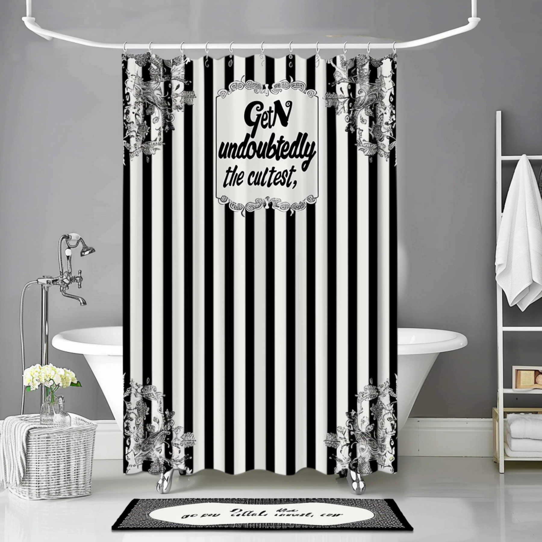Vintagestyle black and white striped bathroom set with elegant script