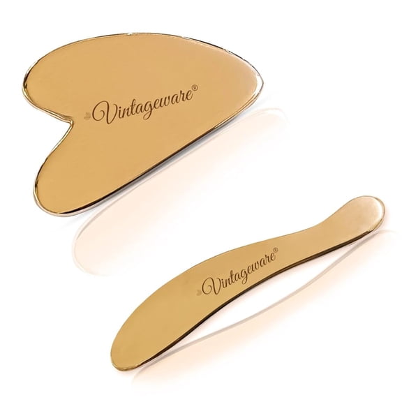 Vintageware Kansa Gua Sha Combo Set | Heart-Shape & S-Shape Massage Tools for Face & Body | Relieves Muscle Pain, Promotes Skin Tightening & Lymphatic Drainage