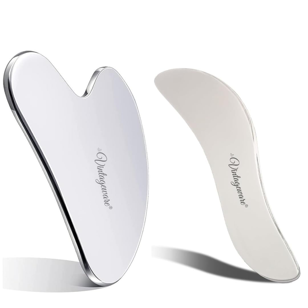 Vintageware® Stainless Steel Gua Sha Combo – Heart Shape & S-Shape Tools for Facial Massage, Relieves Puffiness, Muscle Pain & Promotes Skin Tightening