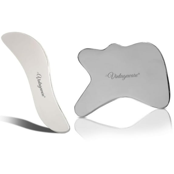 Vintageware® Stainless Steel Gua Sha Combo Set | R-Shape & S-Shape Tools for Face & Body | Muscle Pain Relief & Skincare Benefits