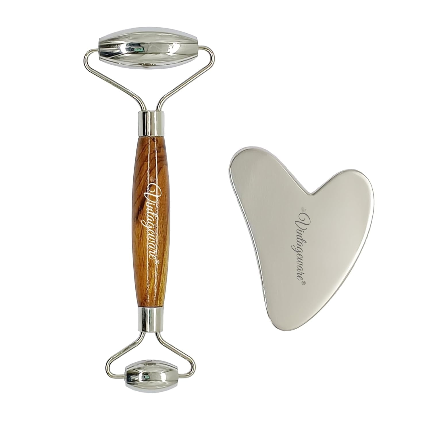 Vintageware® Stainless Steel Roller for Face-Natural Steel Gua Sha Massage Tool Massage Scraping Tool Muscle Pain Relief, Stress Release and Breaking Tissue (Face Roller With Heart Shape Gua sha)
