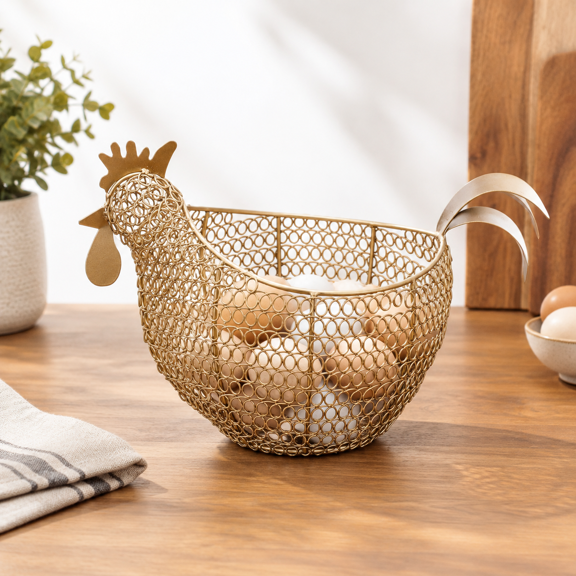 Vintbrtone Metal Wire Fresh Egg Gathering Basket In Decorative Chicken Shaped Design Farmhouse Easter Decor Display Storfor Count