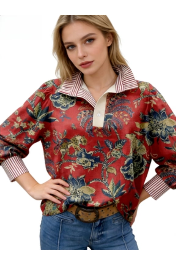 Floral Print Striped V-Neck Long Sleeve Blouse Women's