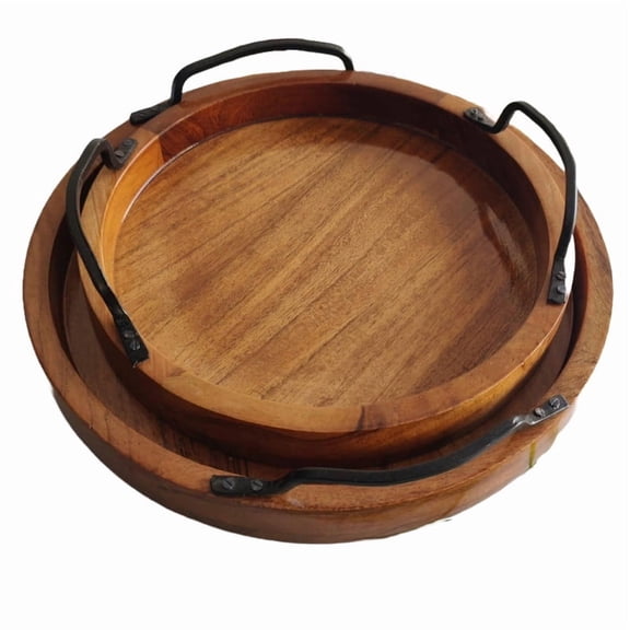 VintiquE Decorative Serving Beverages & Food on Bar Living Room Home Dining Table Acacia Wood Round Serving Trays with Handles, Set of 2