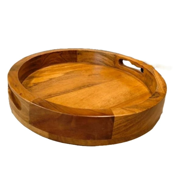 VintiquE Wooden Rustic Serving Tray Platter with Handle Hand-Carved Rustic Round Centerpiece Display Kitchen Accessory Decor