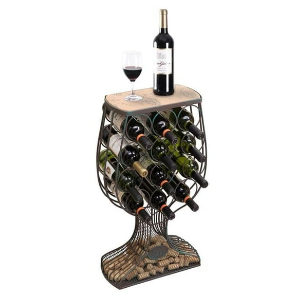 Vintiquewise 25 x 8.25 x 7.5 in. Freestanding Floor Wine Rack with Wooden and Metal Goblet Design - Holds 12 Bottles and Includes Wine Cork Holder - Stylish Bar Organizer for Home, Kitchen, D