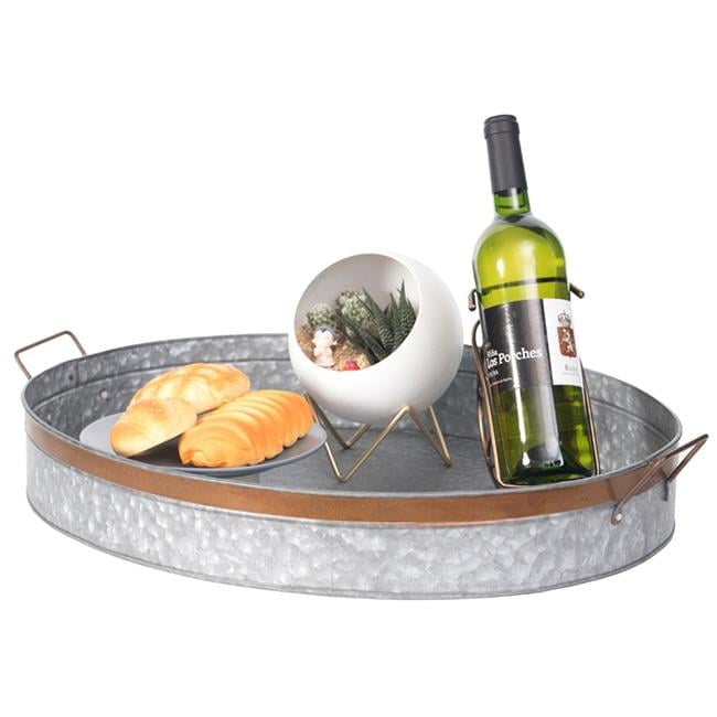 Large Gray Galvanized Metal Oval Rustic Serving Tray with Handles