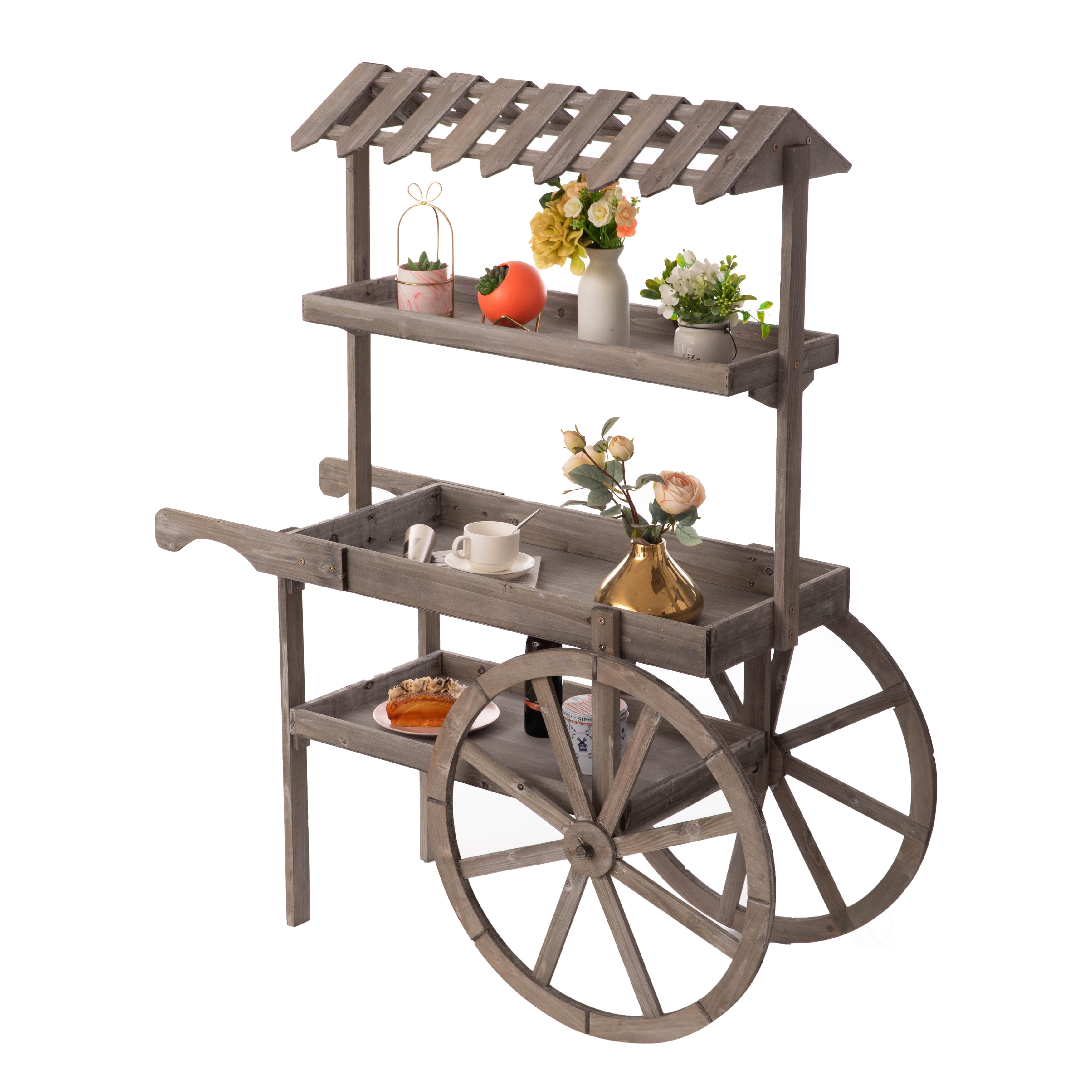 Antique Rustic Gray Solid Wood 3-Tier Plant Stand Cart with Wheels
