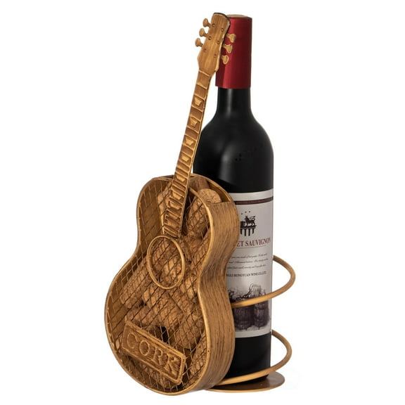 Vintiquewise Decorative Metal Guitar Shape Wine Bottle and Cork Holder A Unique Home Decor Piece and Countertop Accessory for Kitchens, Bars, and Dining Rooms, Great Collection for Wine Lovers