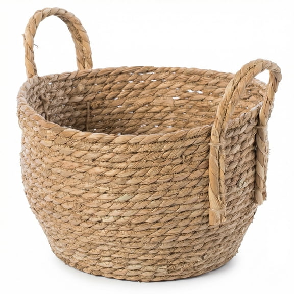 Decorative Round Wicker Woven Rope Storage Blanket Basket with Braided Handles - Medium