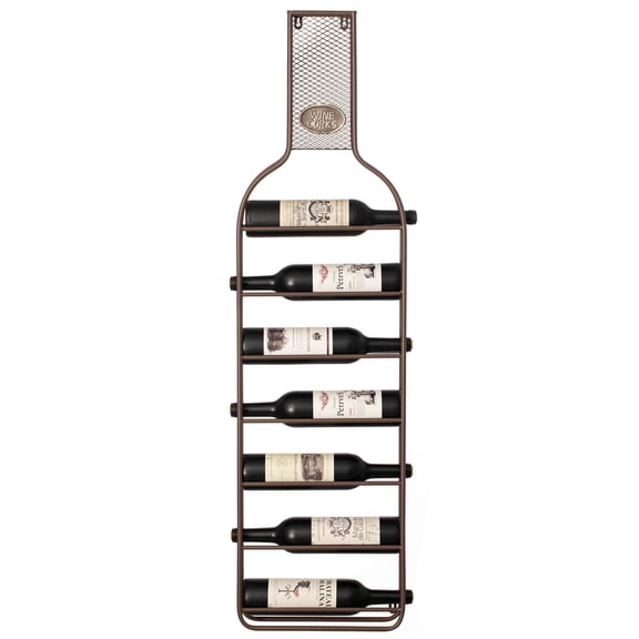 Vintiquewise Decorative Wall-Mounted 7-bottle Metal Wine Rack with Mesh Cork Catcher, Stylish Champagne, White, and Red Wine Storage for Living Room, Kitchen, Dining Room, and Bar Dcor, Brown