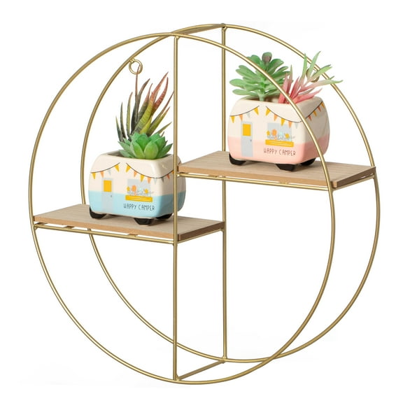 Vintiquewise Elegant 2-Tier Decorative Floating Circular Silhouette Wall Shelf - Circular Metal and Wood Wall-Mounted Shelf for Entryway, Bathroom, Bedroom, and Living Room Decor, Gold Finish