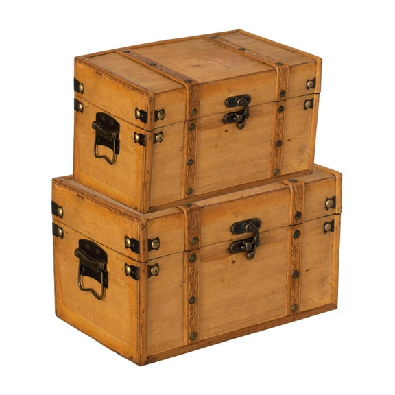 Vintiquewise Farmhouse Antique-Style Wood Treasure Chest with Leather Straps & Front Latch Decorative Storage Trunk for Trinkets Jewelry or Letters Rustic Accent for Home or Office Decor, Set of 2