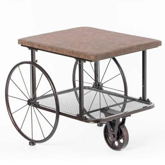 Vintiquewise Industrial Wagon Style Coffee Table with Rustic Wood Top Large Spoke Rolling Wheels Mesh Shelf Functional End Table and Magazine Holder for Living Room Lounge Office Den or Home Bar