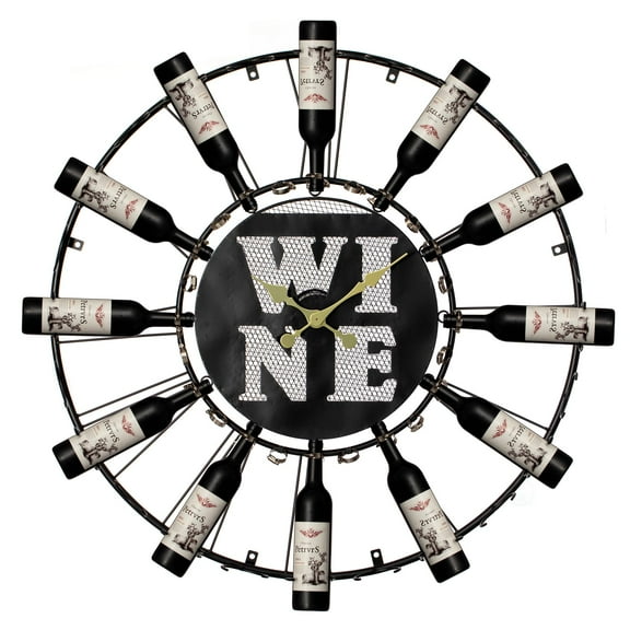 Vintiquewise Large Clock Wall-Mount Metal Wine Shelf  24-Bottle Rack with Mesh Cork Basket and LED Light  Elegant Wine Display for Living Room, Kitchen, Dining Room, Home Bar, or Wine Cellar