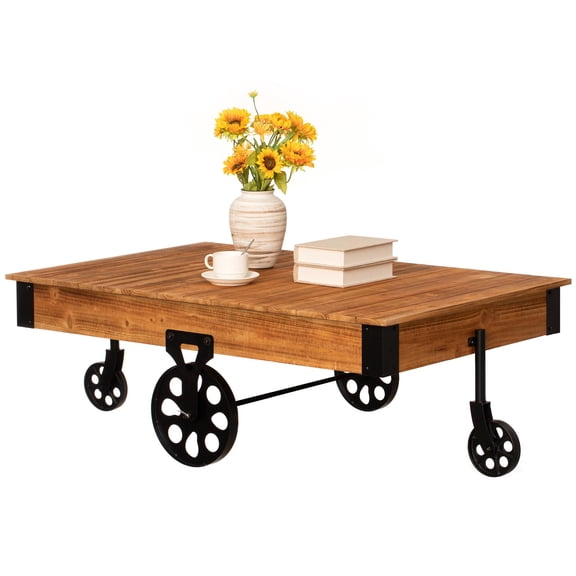 Vintiquewise Large Rustic Vintage Industrial Wooden Coffee Table with Detailed Wood Grain Metal Accents and Black Cast Iron Cart Wheels Perfect for Farmhouse and Loft-Style Interiors