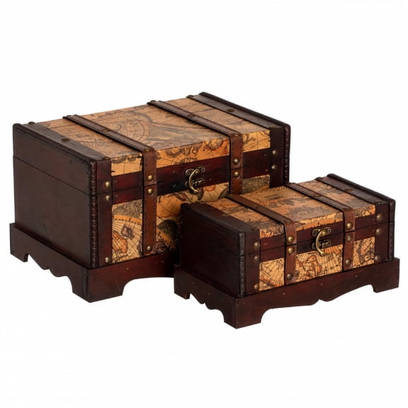 Vintiquewise Old World Map Wooden Treasure Chest Decorative Storage Suitcase