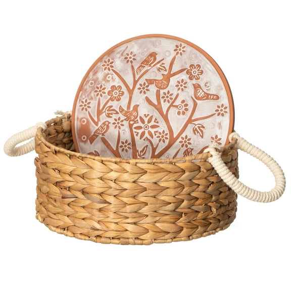 Vintiquewise Round Handwoven Wicker Bread Basket with Terracotta Stone Warmer & Rope Handles for Kitchen Dining, Ideal for Sourdough Bread Rolls Snacks & Baked Goods, Bird Design