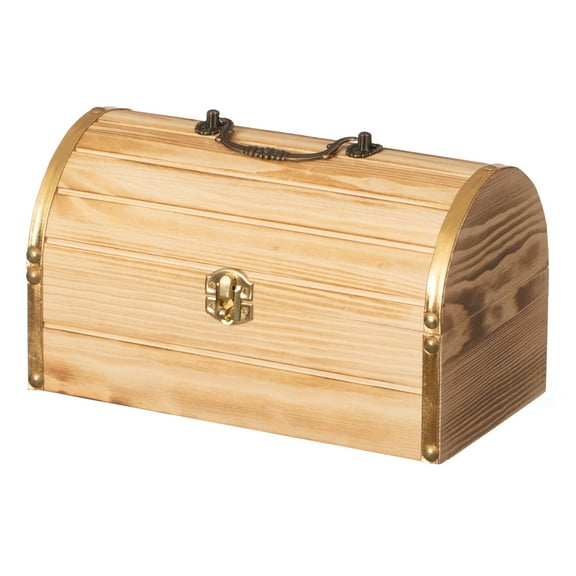 Vintiquewise Unfinished Wooden Treasure Chest Arched Lid Gold Metal Accents Front Locking Latch & Top Handle Decorative Storage Box with Natural Wood Grain Ideal for Trinkets Jewelry or Rustic Display