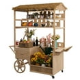 thumbnail image 1 of Vintiquewise Versatile Multi-Tier Shelves Wooden Rolling Cart - Perfect for Festival, Event Stand, Food Tasting Table, Garden Floral Display Rack, & Home Decor with Straw Roof and 2 Wood Wheels, 1 of 7