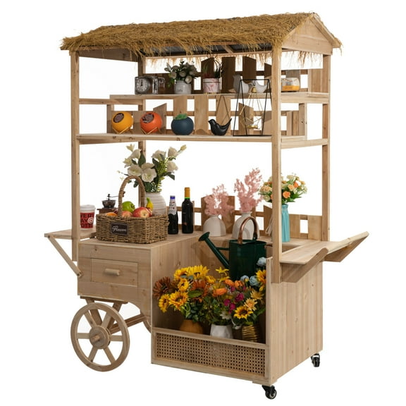 Vintiquewise Versatile Multi-Tier Shelves Wooden Rolling Cart - Perfect for Festival, Event Stand, Food Tasting Table, Garden Floral Display Rack, & Home Decor with Straw Roof and 2 Wood Wheels