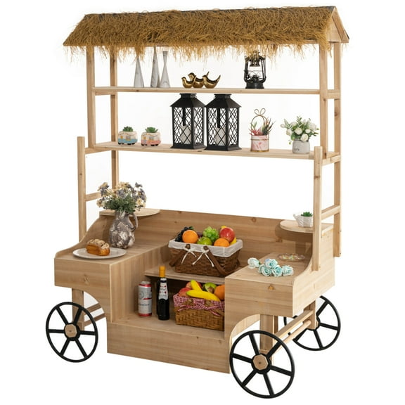 Vintiquewise Versatile Multi-Tier Shelves Wooden Rolling Cart - Perfect for Festival, Event Stand, Food Tasting Table, Garden Floral Display Rack, & Home Decor with Straw Roof and 2 Black Wheels
