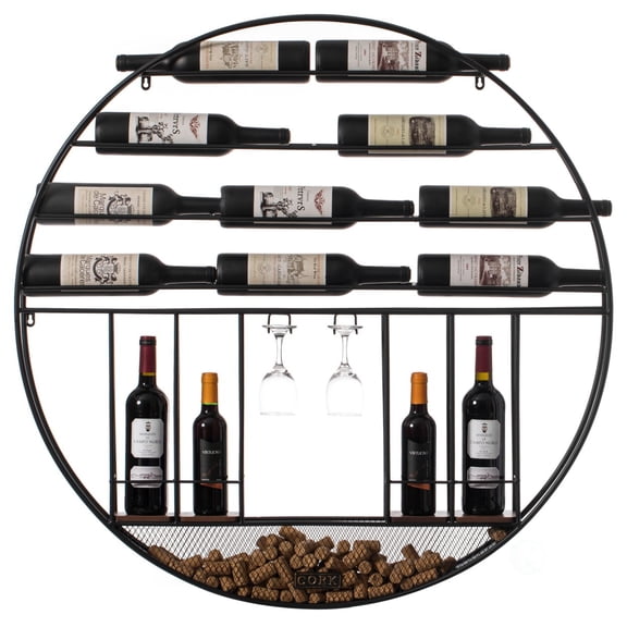 Vintiquewise Vintage Decorative Modern Black Metal Round Wall Mounted Wine Display Rack with Cork and Glass Holder Unassembled