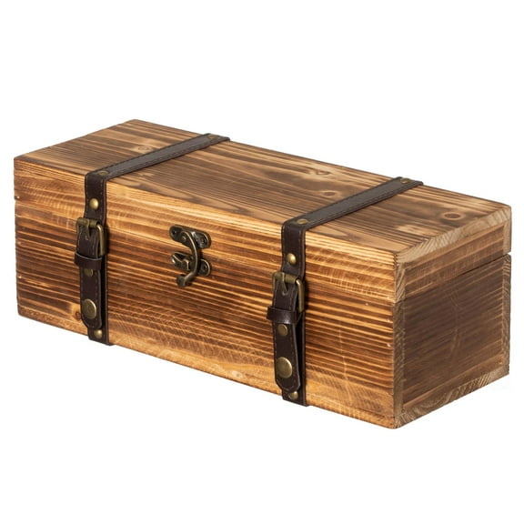 Vintiquewise Vintage Wooden Wine Gift Box Rustic Single Bottle Holder with Locking Latch Decorative Brass Accents Faux Leather Straps Keepsake Storage Chest for Weddings Birthdays & Holiday Gifting