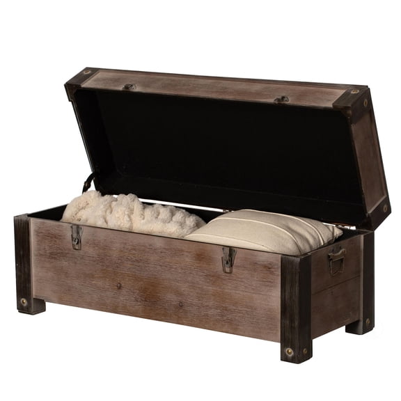 Vintiquewise Wooden Storage Trunk Bench with Black Metal Accents Rustic Blanket & Linen Chest Decorative Organizer Entryway Seating Shoe Station or Bedroom Use for Pillows Throws and Extra Beddings