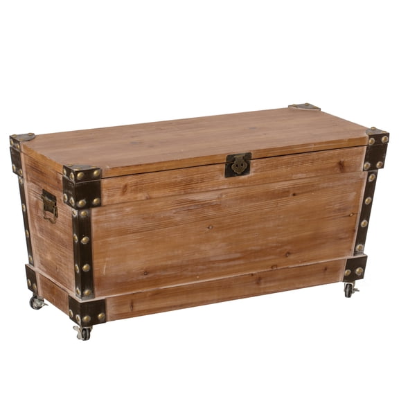 Vintiquewise Wooden Storage Trunk Bench with Wheels and Black Metal Accents Blanket & Linen Chest Decorative Organizer Entryway Seating Shoe Station or Bedroom Use for Pillows Throws & Extra Beddings