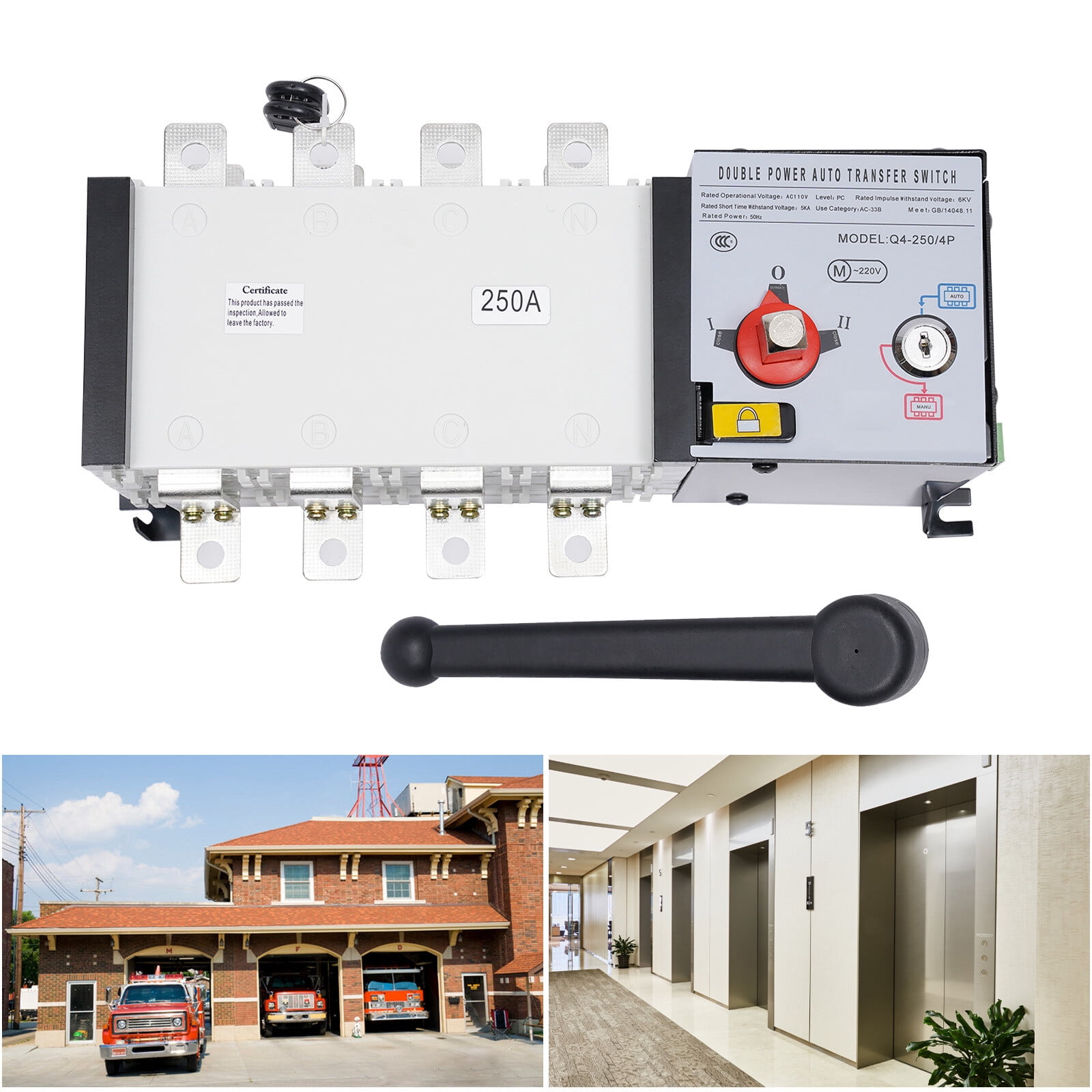 Vintoro 110V Automatic Transfer Switch with Handle, Dual Power Generator Changeover Switch, 4P 250A