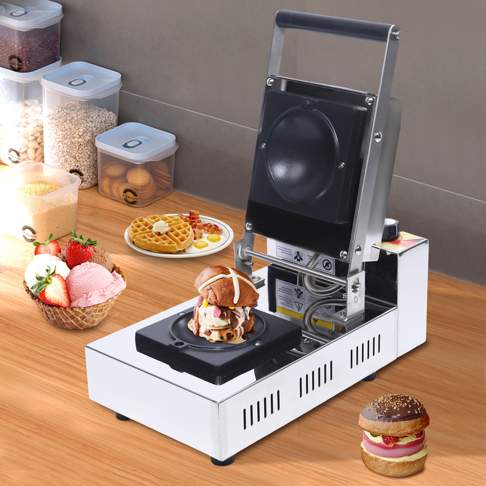 Vintoro 110V Stainless Steel Ice Cream Burger Maker, Non-stick Coating, Temperature Control, Countertop