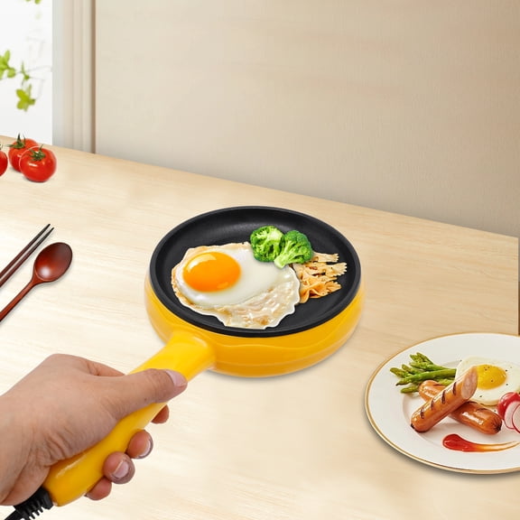 Vintoro 15cm Compact Electric Skillet, Round Yellow Non-Stick Pan with Long Handle, Max 356F Temperature