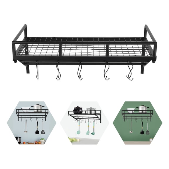 24 Inch Wall Mounted Pot Rack with 10 Hooks, Hanging Pan Pot Organizer, Storage Shelf for Kitchen