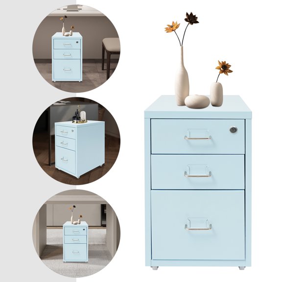 Vintoro 3-Drawer Vertical File Cabinet, Lockable File Organizer Box with Wheels, Cold-Rolled Steel Material