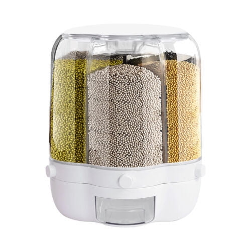 Vintoro 360 Rotating Rice Dispenser with Lid, 6-Grid Dry Food Container, 27.56lbs Grains Storage Box