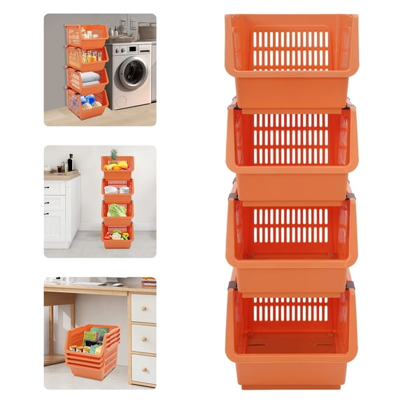Vintoro 4 PCS PP Stacking Storage Baskets, Orange Organizer Baskets, Modern Storage Bins, Floor Standing