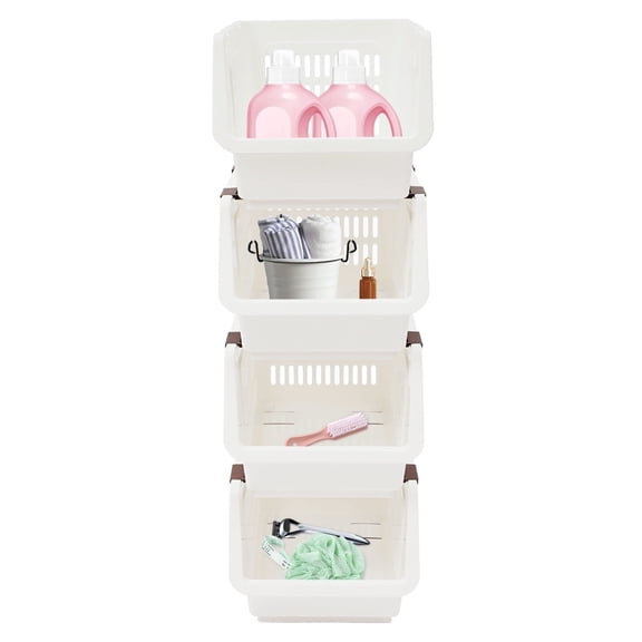 Vintoro 4 PCS Stackable Storage Baskets with 2 Rollers, 38.58 lbs PP Storage Bins, White Organizer Baskets