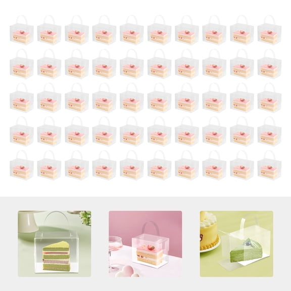 Vintoro 50pcs Cake Boxes with Lid and Handle, Clear Cake Carrier Box, Plastic Dessert Boxes, 12*10*8cm
