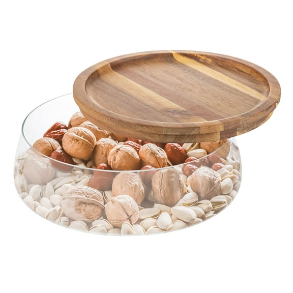 Vintoro 70oz Candy and Nuts Serving Container with Wooden Lid, Glass Food Storage Platter, Snack Tray