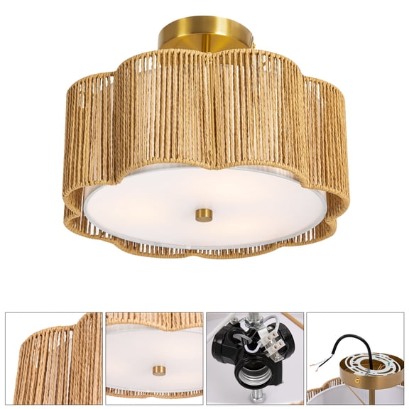 Vintoro Ceiling Mount Light, 3-Light Dimming Flower-shaped Light, Retro Woven Rattan Lighting Fixture
