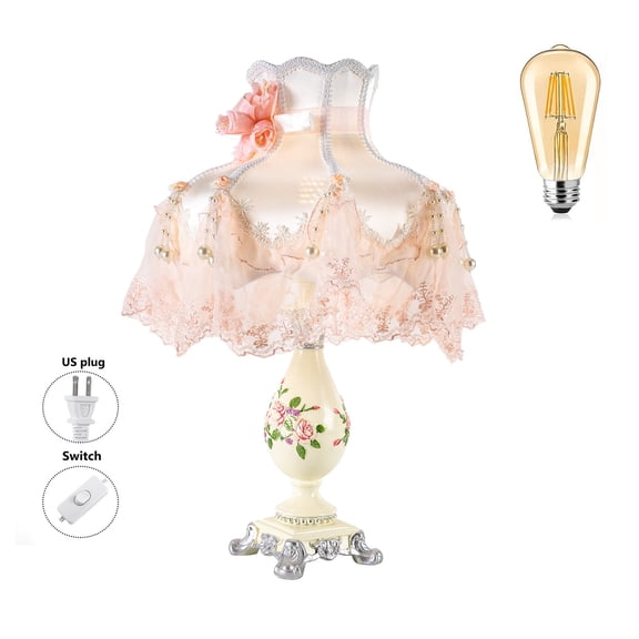 Vintoro Stained Table Lamp with Lampshade, Princess Style Bedside Reading Lamp, Pink Fairy Tale Decor Lamp