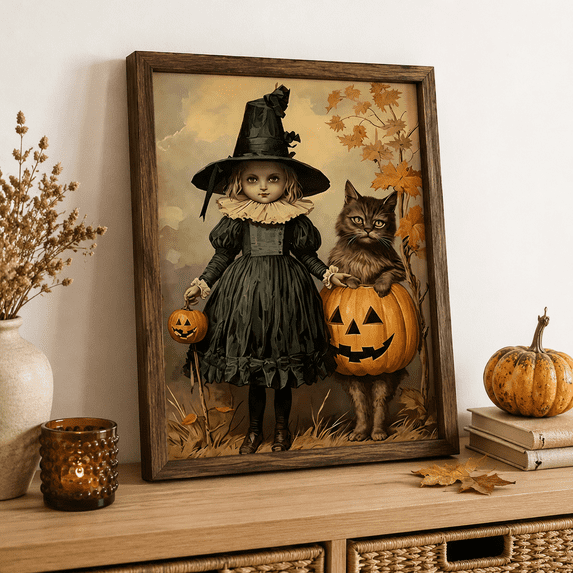 Vintwitch Wall Art Cute Girl and Black Cat Canvas Print, Ghost-J Framed ...