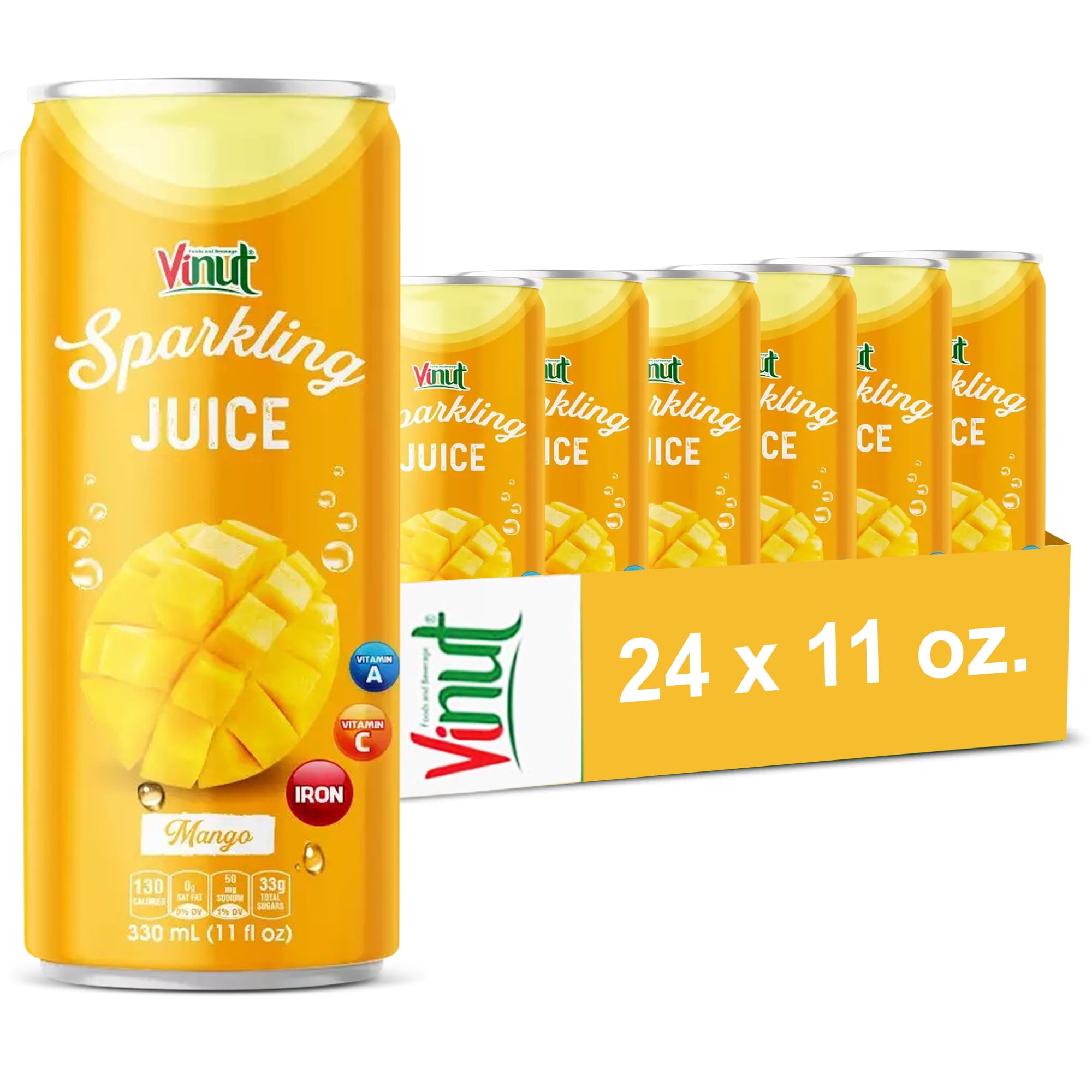 Vinut Sparkling Mango Juice, 11 fl oz cans (Pack of 24), Low in