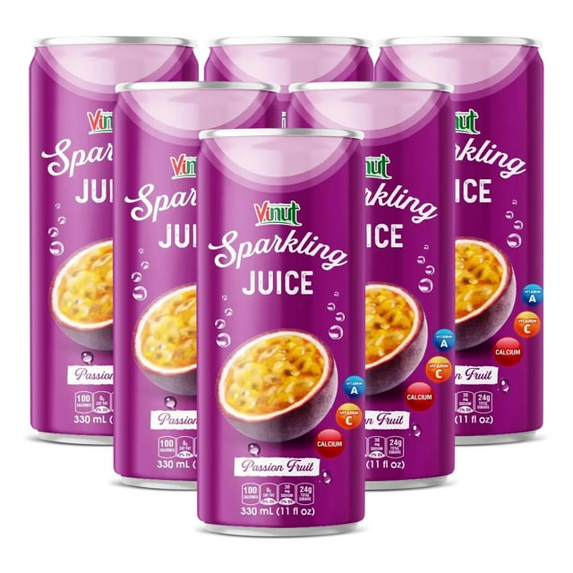 Vinut Sparkling Passion Fruit Juice, 11 fl oz cans (Pack of 6), Low in Calories, rich in