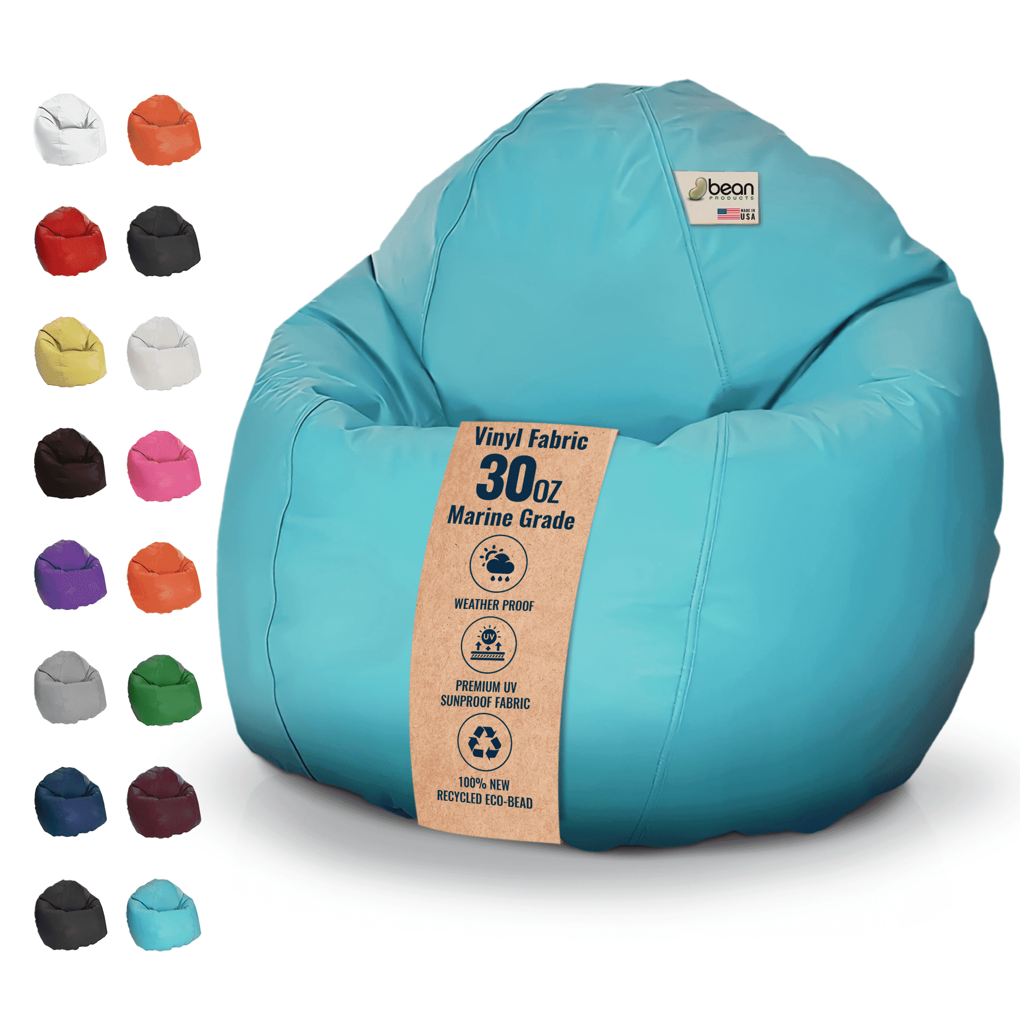 Vinyl 31x33x20" Small Bean Bag Chair - w/Polystyrene Beads and CertiPUR Foam Filled Bean Bag for Teens and Kids - Aqua