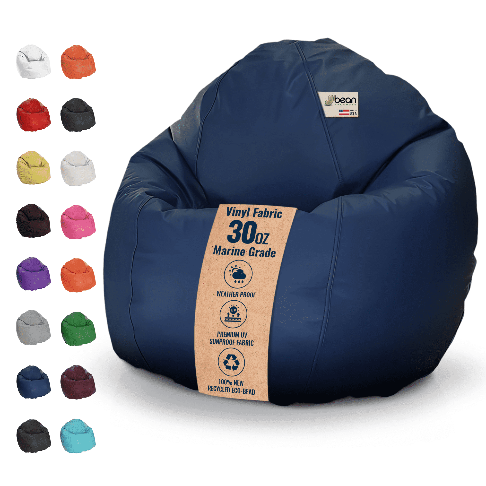 Vinyl 31x33x20" Small Bean Bag Chair - w/Polystyrene Beads and CertiPUR Foam Filled Bean Bag for Teens and Kids - Dark Navy