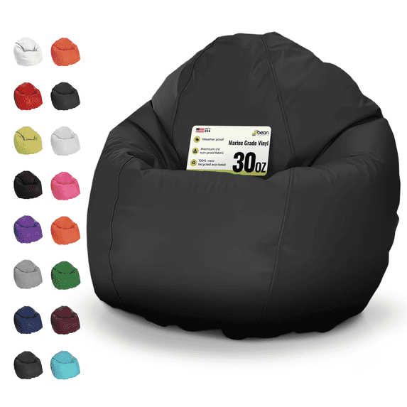 Vinyl 36x36x40" Large Bean Bag Chair - w/Polystyrene Beads and CertiPUR Foam Filled Bean Bag for Adults, Teens and Kids - Black
