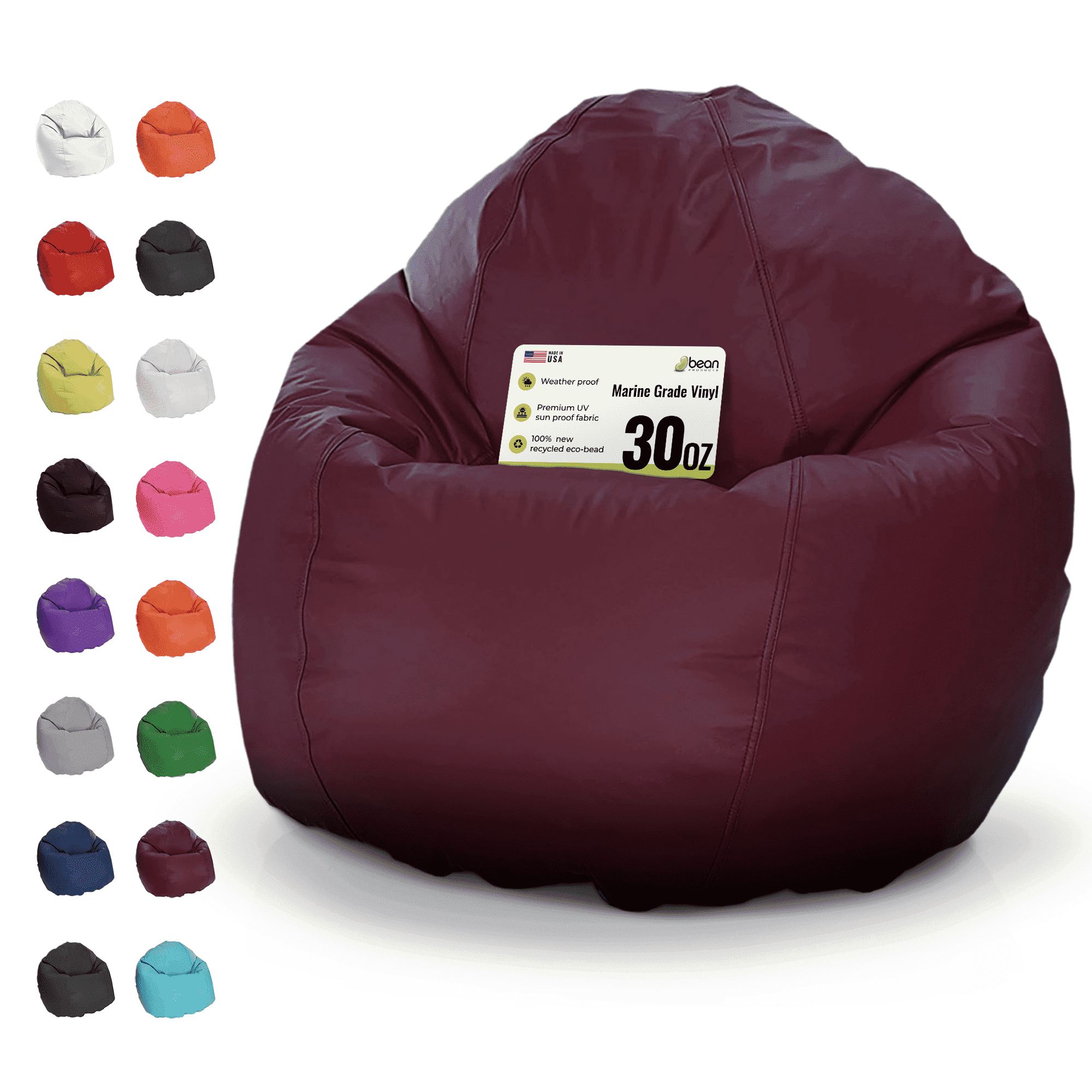 Vinyl 36x36x40" Large Bean Bag Chair - w/Polystyrene Beads and CertiPUR Foam Filled Bean Bag for Adults, Teens and Kids - Burgundy